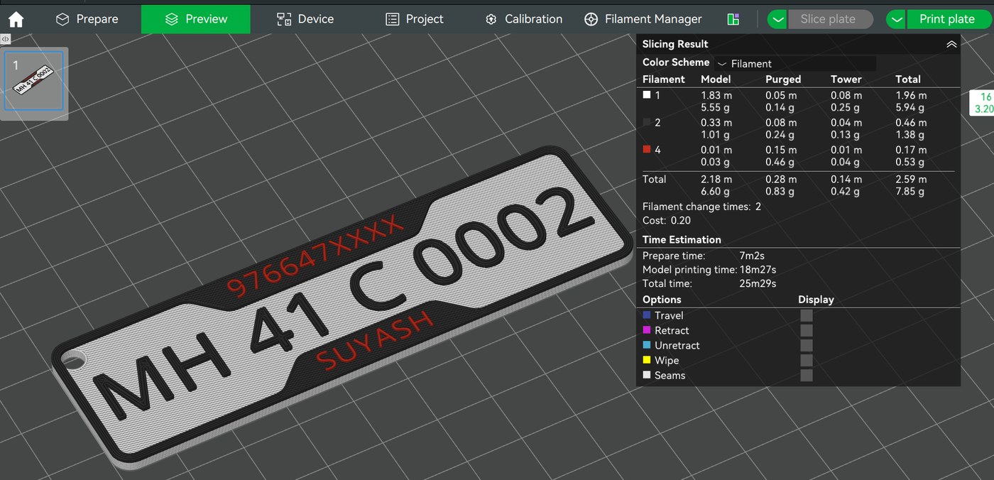 Number plate keychain, slicer render, view 2